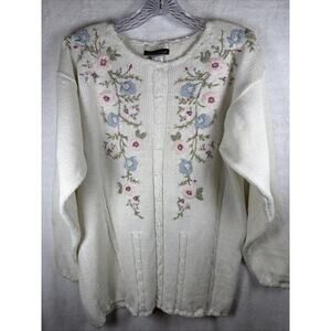 Cottagecore Sweater Flowers Roses Pearls Cream Pink Blue Size M 90s Grannycore